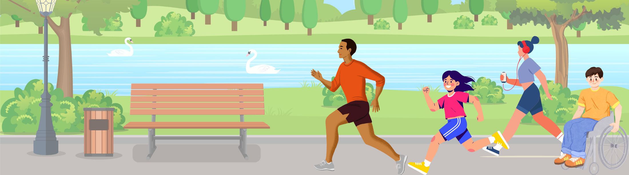 A picture of a park with a man and a girl running, a woman walking, and a young man rolling along a path in a wheelchair.