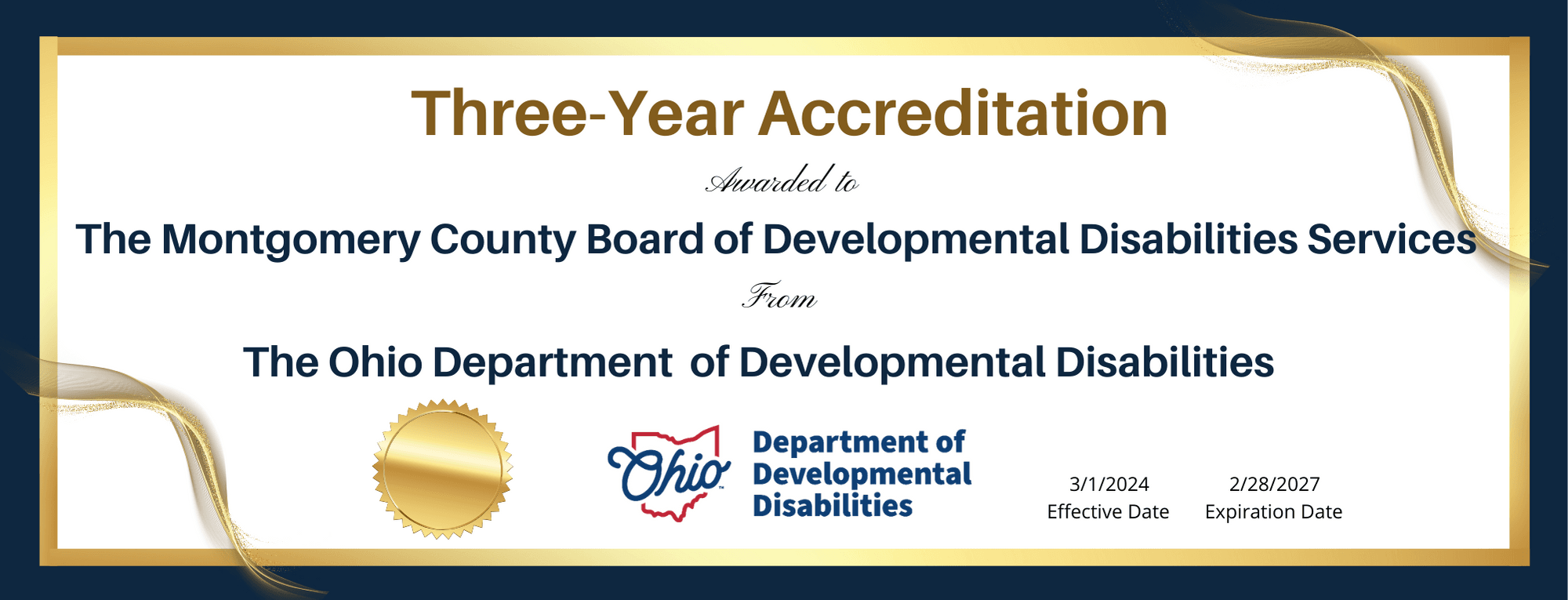 MCBDDS Three-Year Accreditation certificate from Ohio Department of DD 
